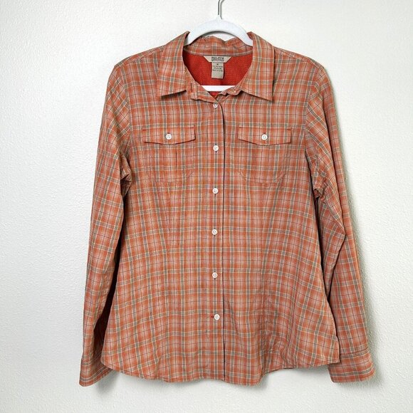 Duluth Trading Co Button Up Shirt Womens Size M Orange Plaid Roll Tab Fishing - Picture 1 of 14